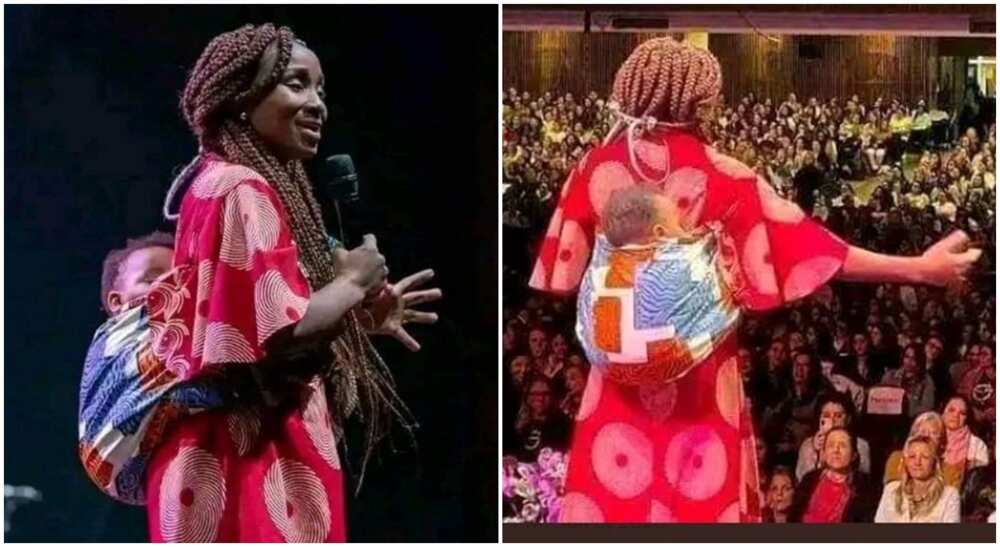 Photos of a mum preaching in church with a baby on her back.