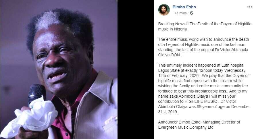 Veteran singer Victor Olaiya dies at age 89