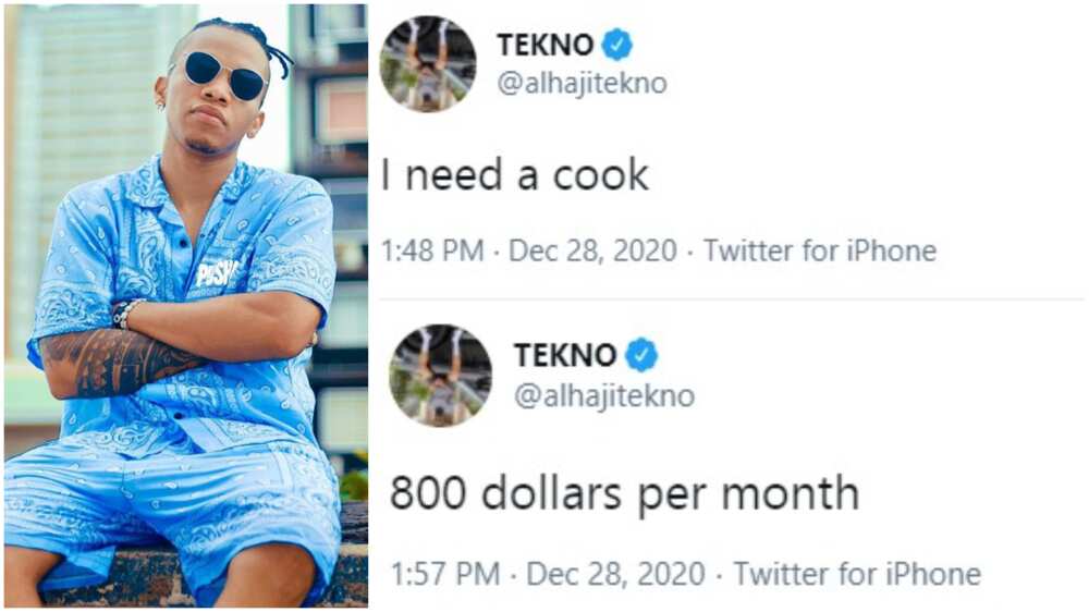 Nigerian musician Teckno says he needs a cook, will pay over N300k
