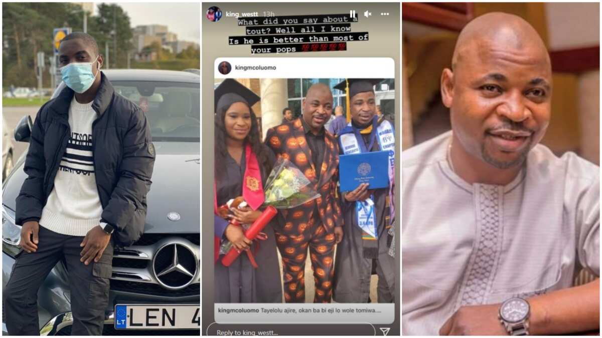 MC Oluomo's son sends send strong reply to those calling his father a tout as his siblings graduate in US