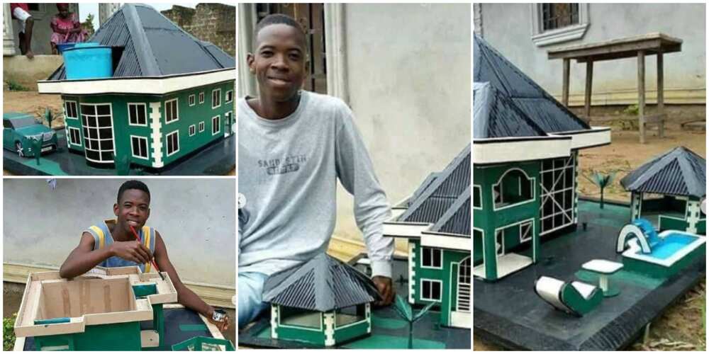 Young man makes great artwork of a furnished storey building with a car, bar and swimming pool in it