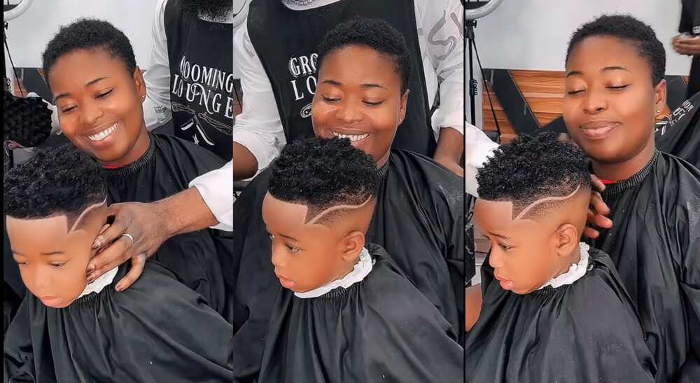 Photos of a child getting a haircut at a salon.