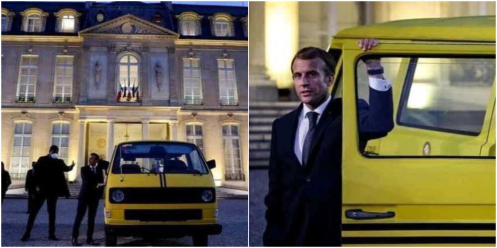 French president Emmanuel Macron posing with a danfo