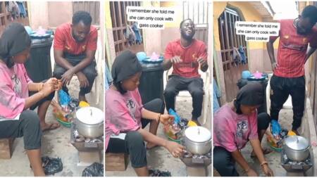 "You marry good girl": Video of Nigerian man laughing at his wife who adjusted to charcoal stove goes viral