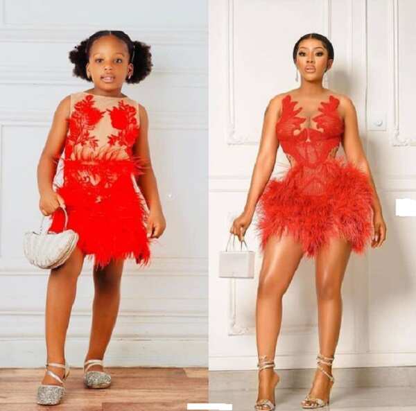 A photo collage of a little girl and Mercy Eke in similar outfits.