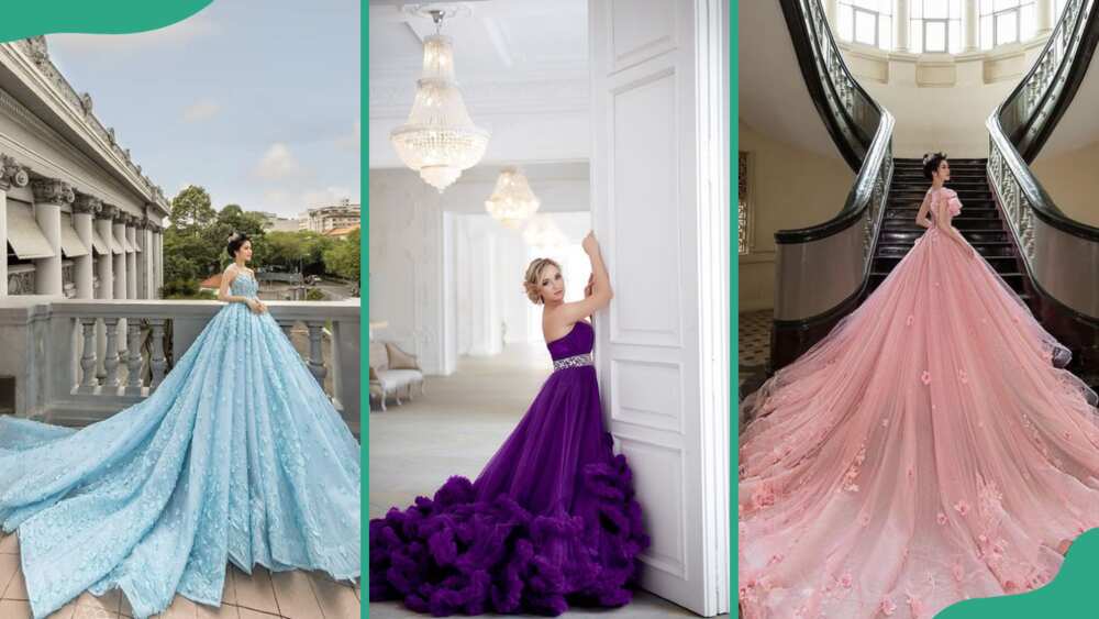 Light blue ball gown (L), purple ball gown (C), and peach ball gown (R)