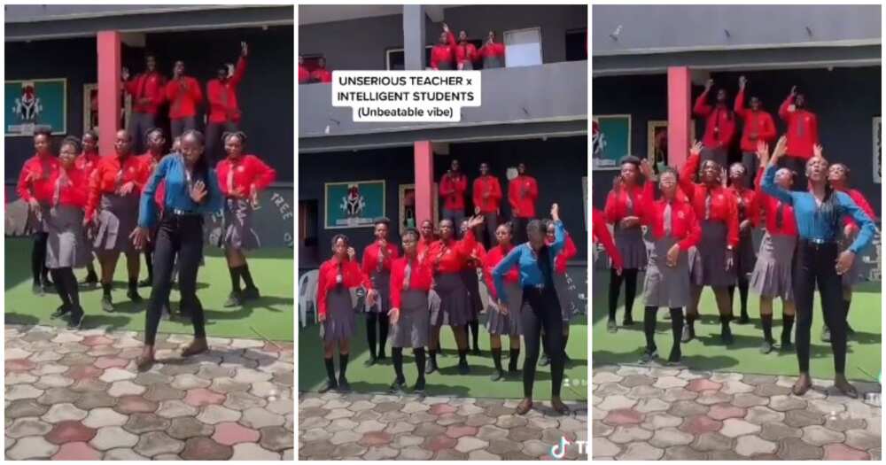 Teacher dances with her students, teacher and students dance in school, female teacher dance video