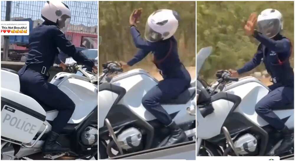 Photos of a policewoman riding a motorcycle.