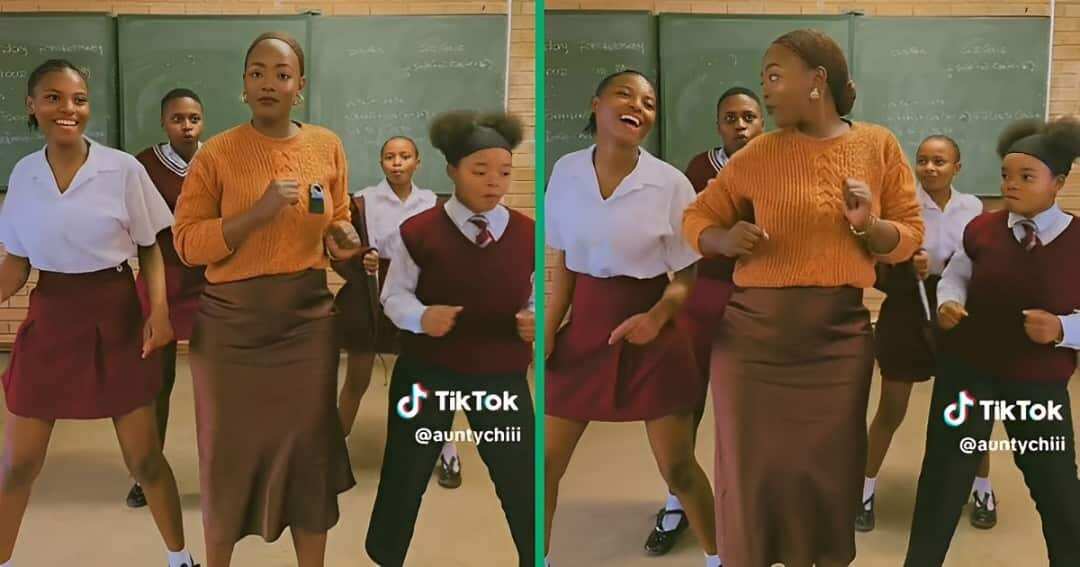 See how a lively teacher joins her students to participate in a viral dance challenge