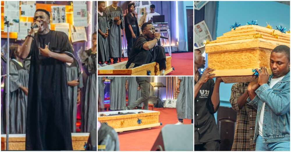 Gospel singer Samuel Oguche arrives for ministration in a coffin