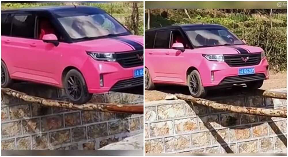 Man uses pink jeep to drive across a tiny wooden bridge made of two sticks only.