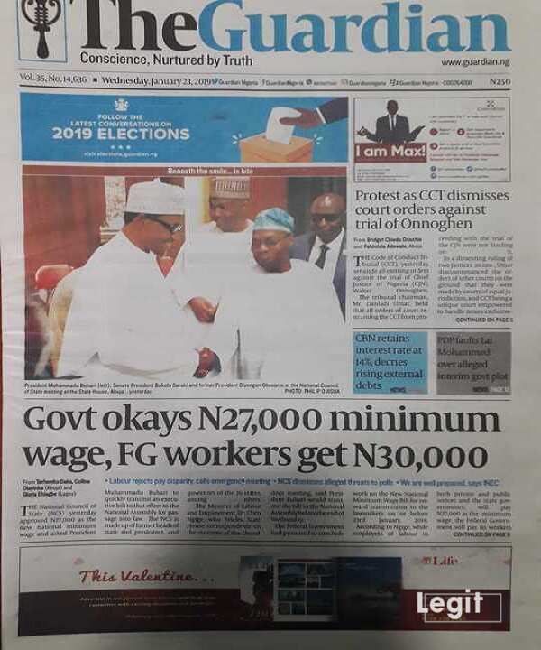 Nigerian Newspaper The Guardian for Wednesday, January 23