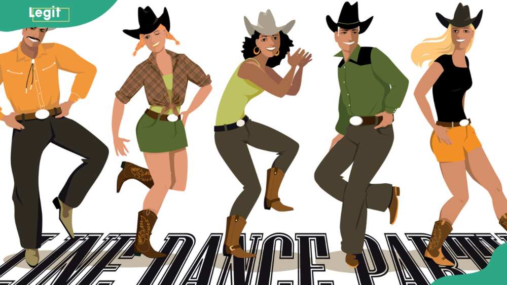 Group of cowboys and cowgirls in western country clothes dancing line dance