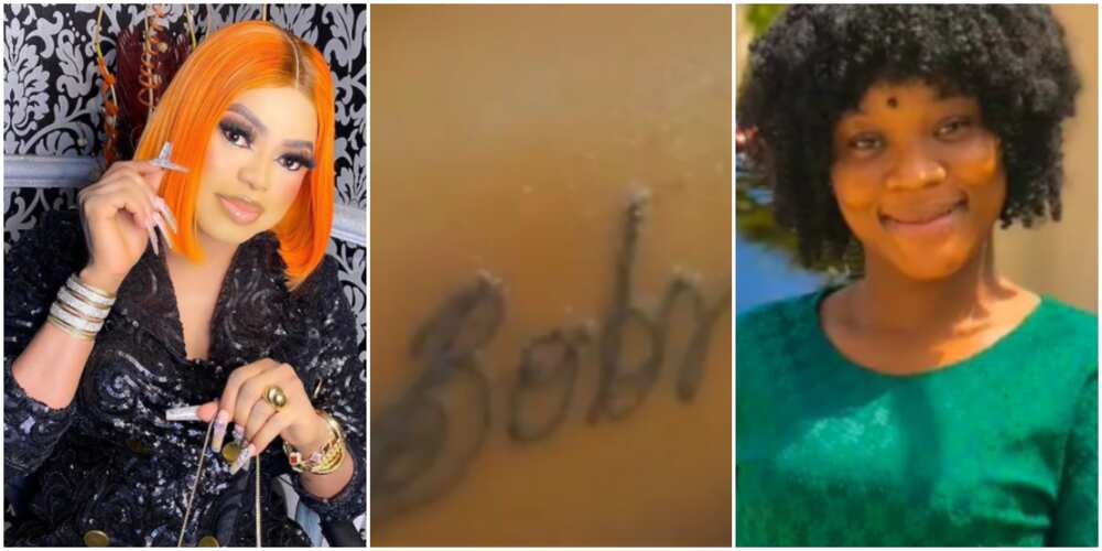 Bobrisky reacts as yet another female fan tattoos his name on her arm
