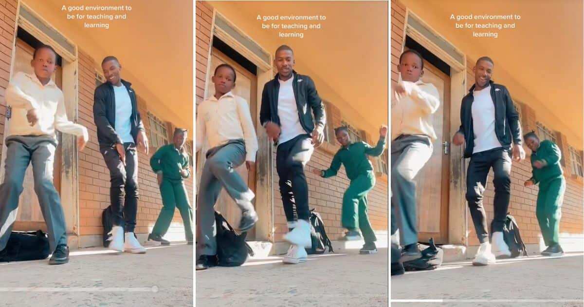 Video of handsome teacher dancing to Amapiano with 2 pupils go viral, many gush