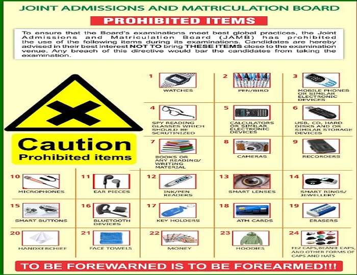 UTME 2022, Prohibited Items Candidates, Exam Venue