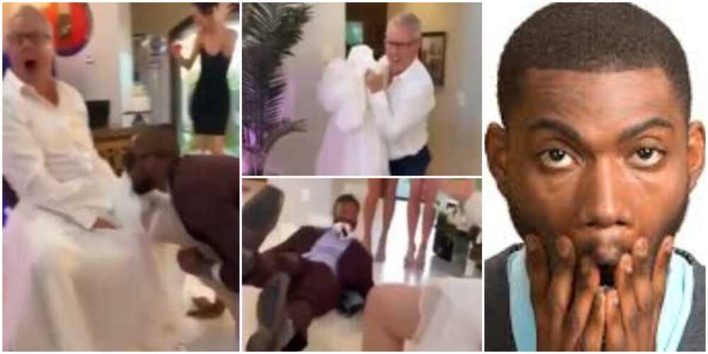 Reactions as man wears daughter's gown to pull prank on her hubby, video goes viral