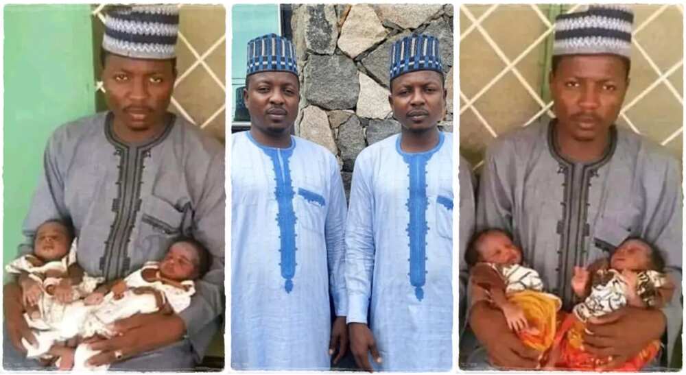 Photos of twin brothers who welcomed twin babies.