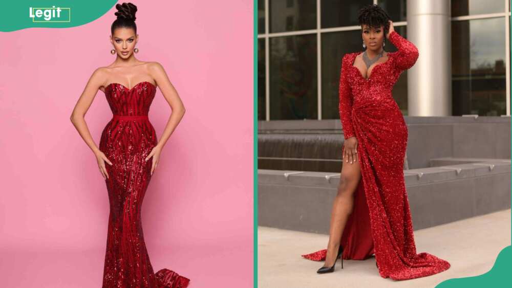 Two ladies in red sequin gown dresses