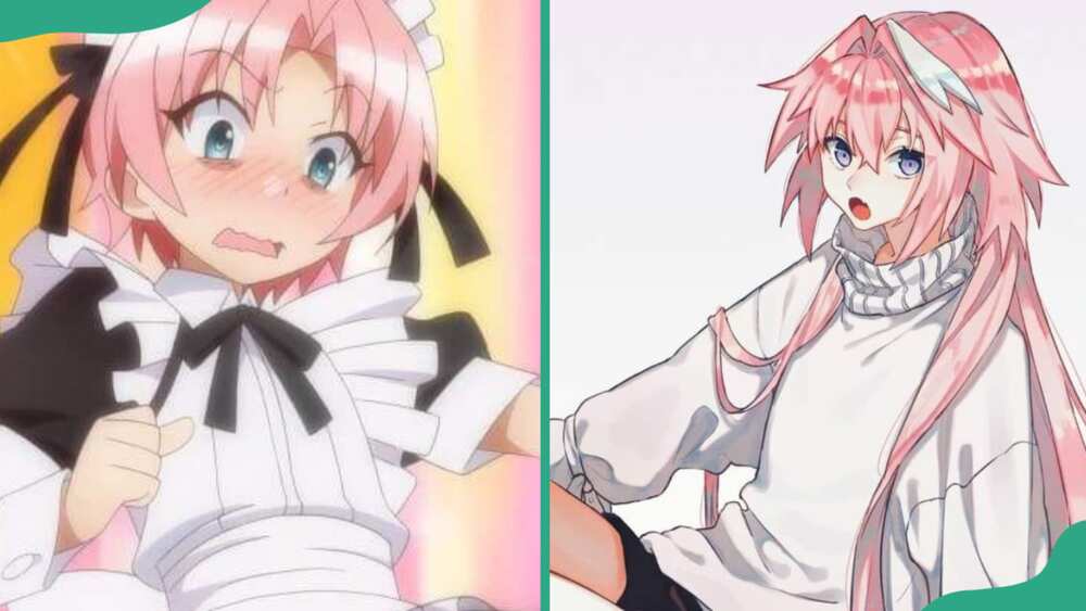 Hime Arikawa in black and white maid outfit (L). The character in casual attire including a white top and striped scarp (R)