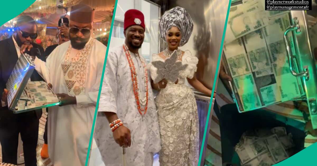See how billionaire Charles of Play emptied an entire box of money filled with N500 bills at Sharon Ooja's wedding