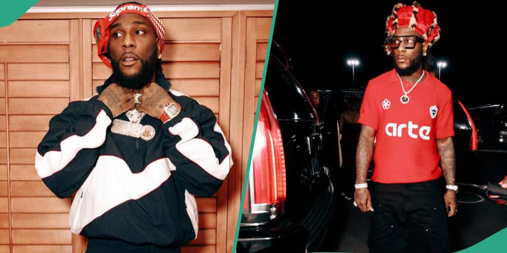 Burna Boy wears red and black clothes