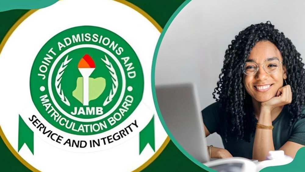 JAMB logo (L). A female student smiling (R)