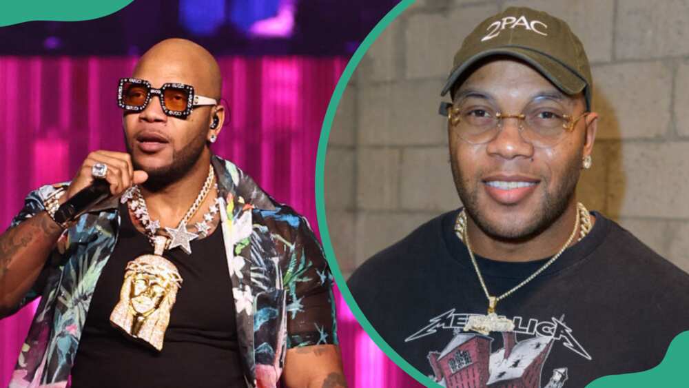 Flo Rida at Barclays Center in New York City (L). Flo Rida at Art Basel Miami 2019 -UNKNWN Wynwood Opening Party in Miami, Florida (R).