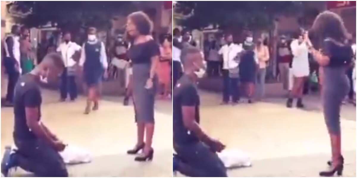 Massive reactions as video shows lady rejecting her man's public marriage proposal