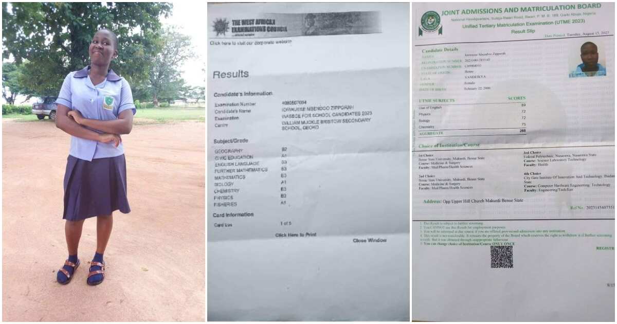 Girl who was overall best student of Benue secondary school records 3 As in WAEC, photo of her JAMB result stuns many