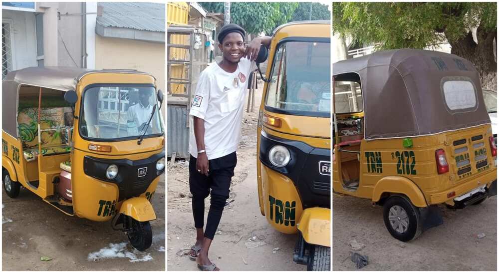 Abdull Hakeem poses beside his Keke NAPEP which he said he bought after paying for it within 67 weeks.