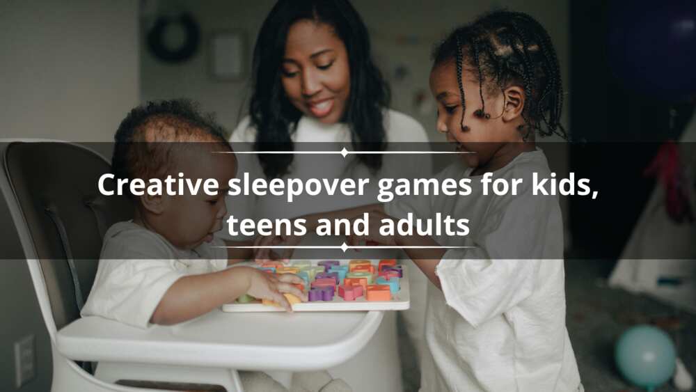 A lady with her kids playing blocks + sleepover games for toddlers