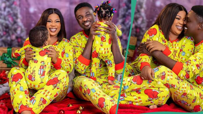 "With love": Adeniyi Johnson flaunts his twins and wife rocking Christmas pyjamas, photos trend