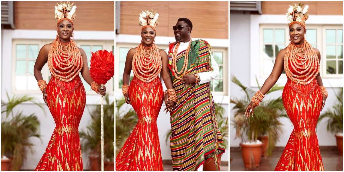 Uromi princess and her man: Mercy Johnson looks majestic as she stands out in stunning Edo outfit with hubby