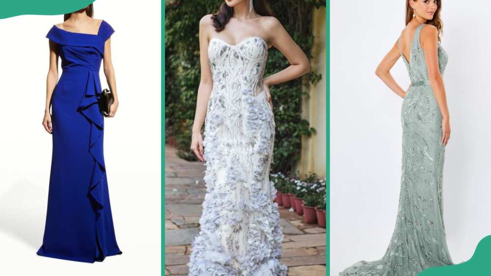 Blue sheath gown (L), white fluffy sheath gown (C), and an ivory sheath ball gown (R)