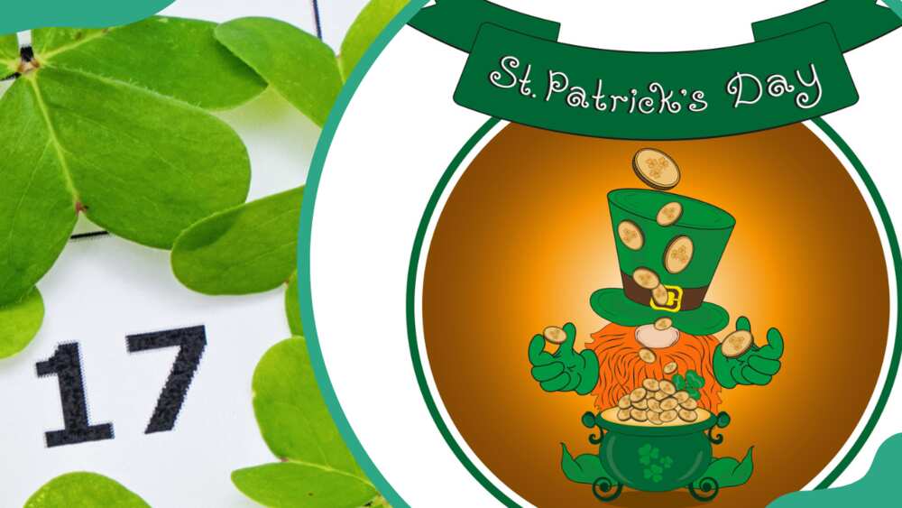 A calendar showing St. Patrick's Day on 17th day of March (L). A sticker for the celebration of the day (R)