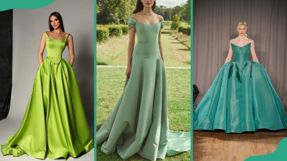 Lime green drop waist gown (L), light green drop waist gown (C), and a dark green drop waist gown (R)