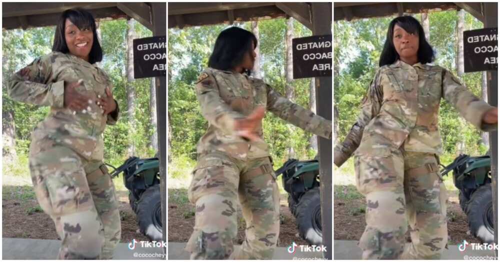 Female soldier dancing inside a bush, female soldier dance, bush, US