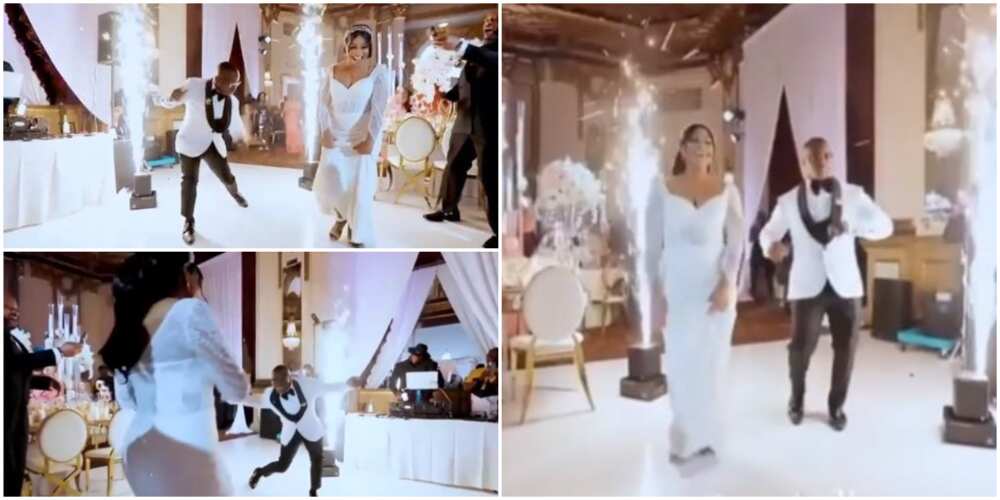 Nigerians react as groom 'embarrasses' his bride with fast grinding dance moves at their wedding in video