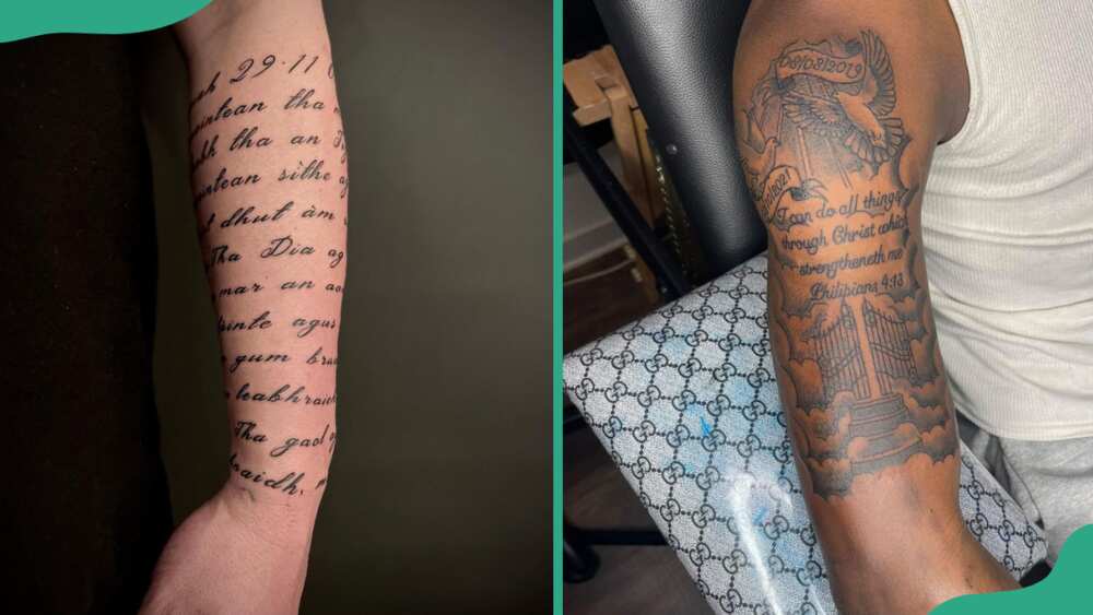 Script/message-inspired half-sleeve tattoos