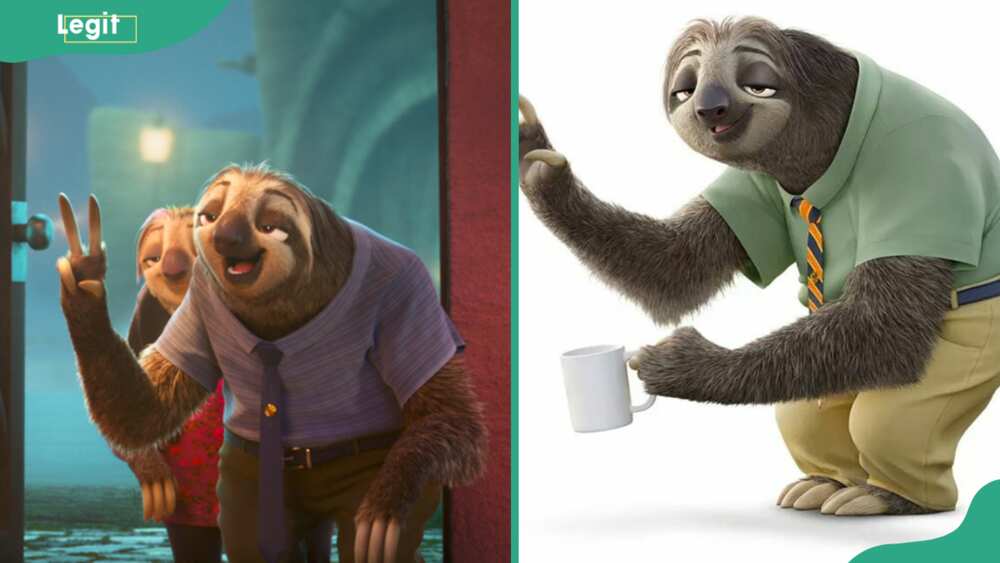 Flash from Zootopia making a gesture with two fingers and holding a cup