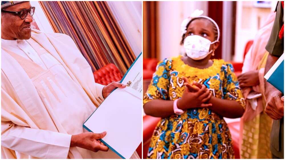 Daughter of Buhari's ex-ADC shows uncommon confidence, salutes president as family visits Aso Villa
