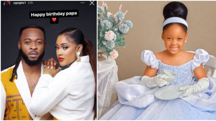 Singer Flavour and Sandra Okagbue rock matching outfit in photo as she celebrates him and daughter on birthday