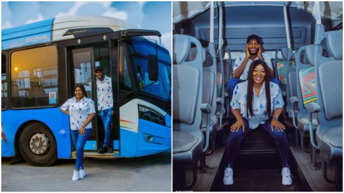 Couple carry out pre-wedding photoshoot on BRT bus, man says that was where their love started, many react
