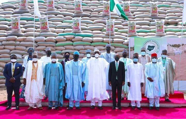 Buhari unveils rice pyramid in Abuja.