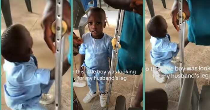 Little boy approaches physically challenged man to search for his legs