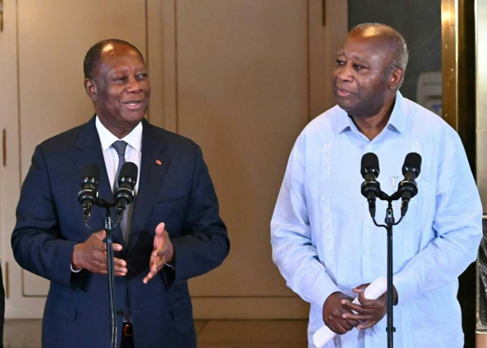 Former presidents and erstwhile rivals: Alassane Ouattara, left, and Laurent Gbagbo