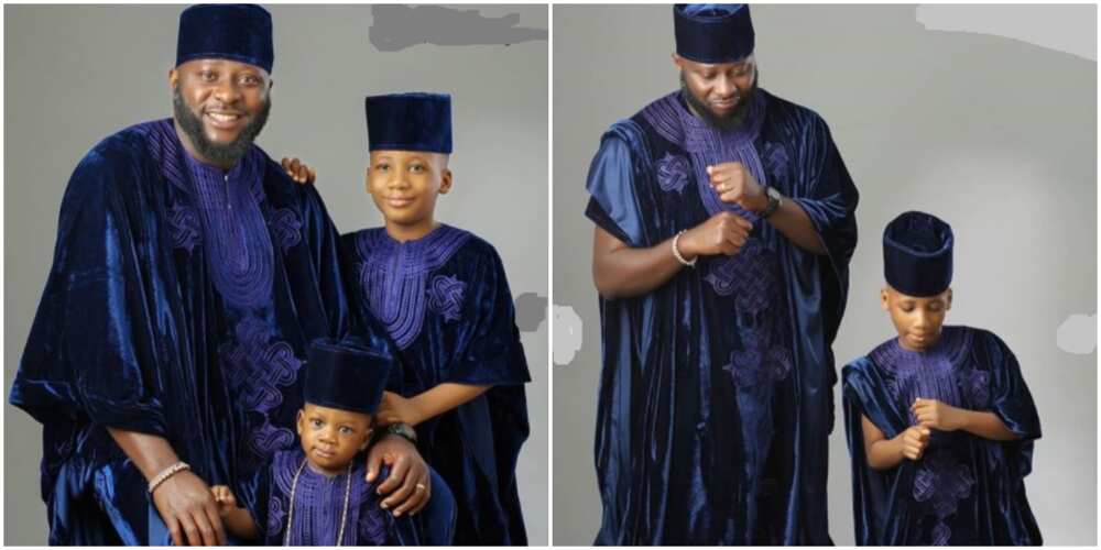 Photos of a father and two sons in blue velvet agbada outfits.
