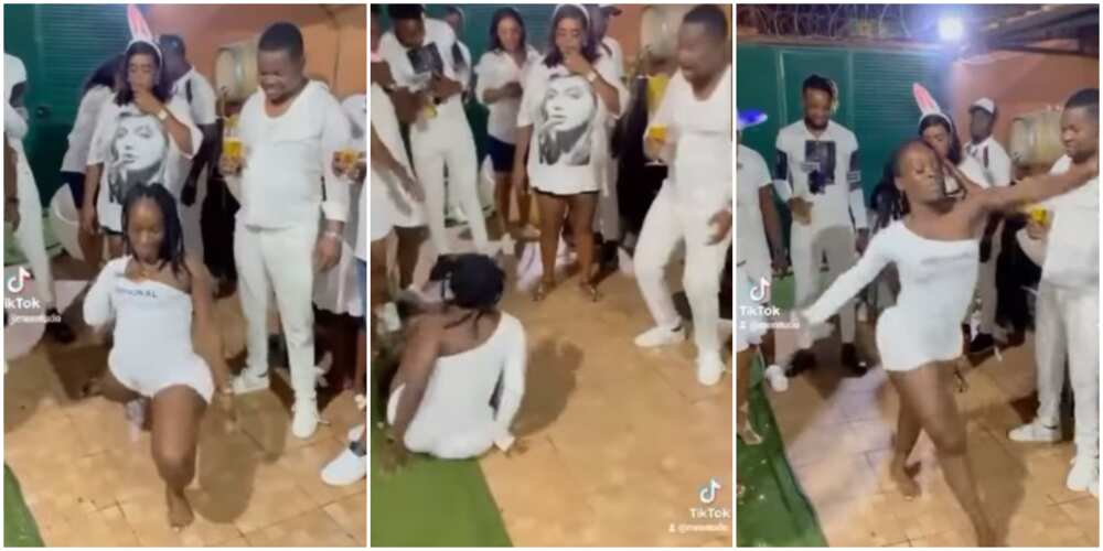 She needs help: Lady dances weirdly in front of people, lands on the floor twice in hilarious video, Nigerians react