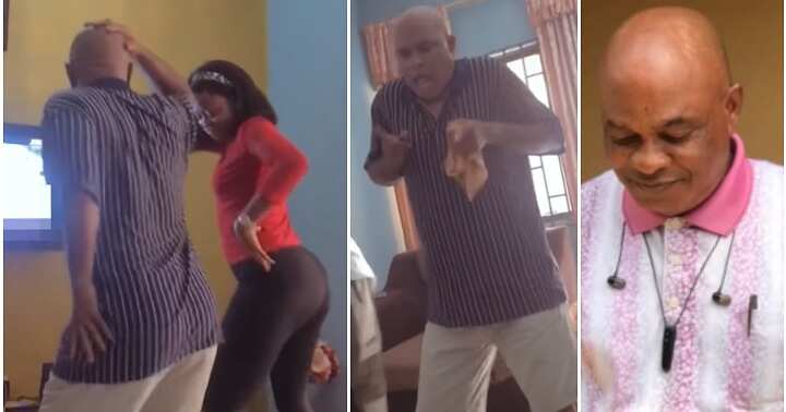 Playful father whines waist, dance competition